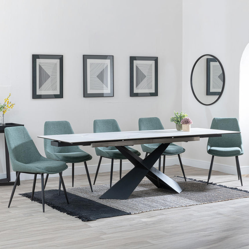 Hayden White Ceramic Extending Dining Set - Darwin Green Fabric Dining Chair-4