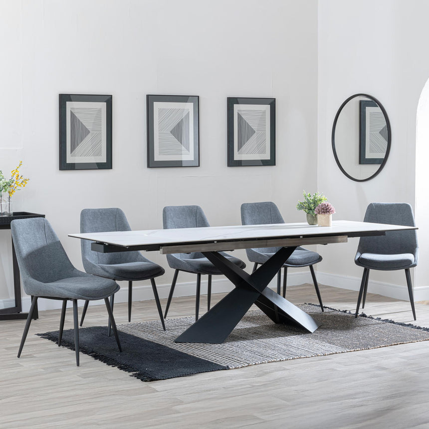 Hayden White Ceramic Extending Dining Set - Darwin Grey Fabric Dining Chair-6