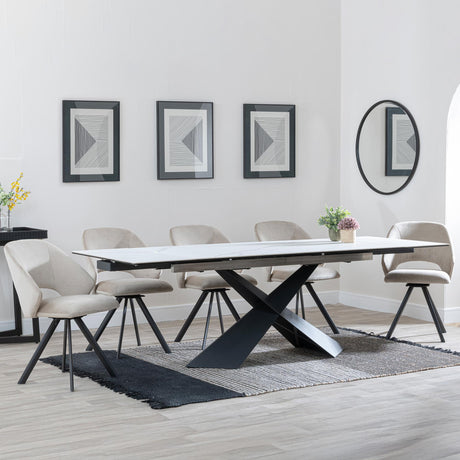 Hayden White Ceramic Extending Dining Set - Ion Beige Velvet Fabric Swivel Dining Chair - Get 2 Chairs Free-2