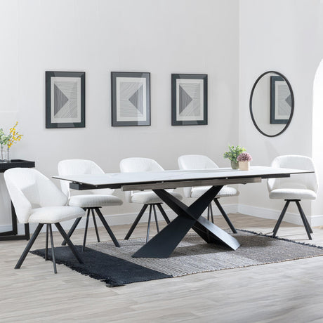 Hayden White Ceramic Extending Dining Set - Ion Cream Boucle Teddy Fabric Swivel Dining Chair - Get 2 Chairs Free-5