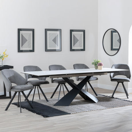 Hayden White Ceramic Extending Dining Set - Ion Dark Grey Velvet Fabric Swivel Dining Chair - Get 2 Chairs Free-3