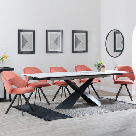 Hayden White Ceramic Extending Dining Set - Ion Orange Velvet Fabric Swivel Dining Chair - Get 2 Chairs Free