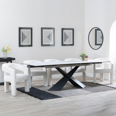 Hayden White Ceramic Extending Dining Set - Kiefer Cream Boucle Fabric Dining Chair-2