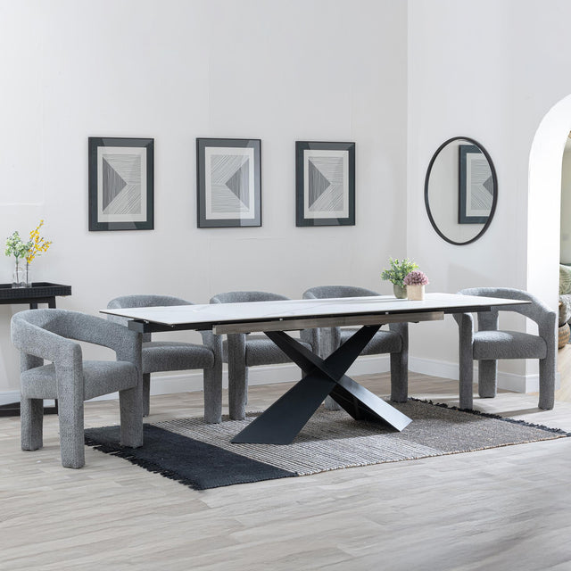 Hayden White Ceramic Extending Dining Set - Kiefer Grey Boucle Fabric Dining Chair