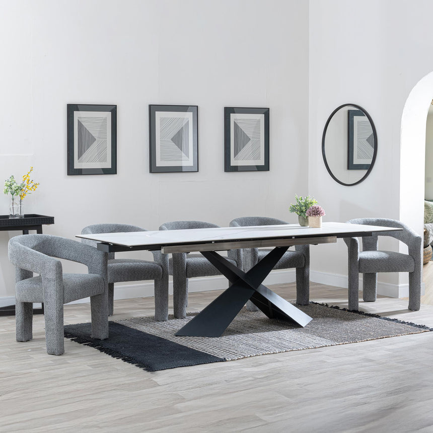 Hayden White Ceramic Extending Dining Set - Kiefer Grey Boucle Fabric Dining Chair