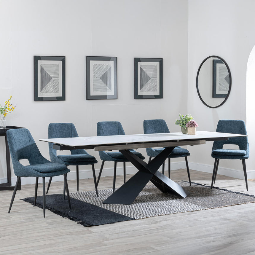 Hayden White Ceramic Extending Dining Set - Peyton Blue Fabric Dining Chair-2