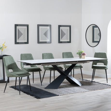 Hayden White Ceramic Extending Dining Set - Peyton Green Fabric Dining Chair-3