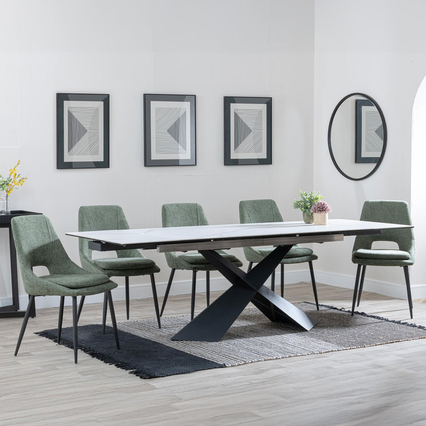 Hayden White Ceramic Extending Dining Set - Peyton Green Fabric Dining Chair-3
