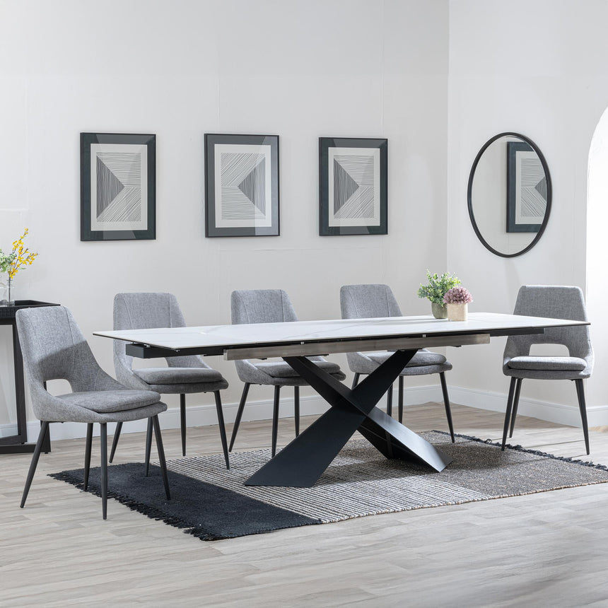 Hayden White Ceramic Extending Dining Set - Peyton Grey Fabric Dining Chair