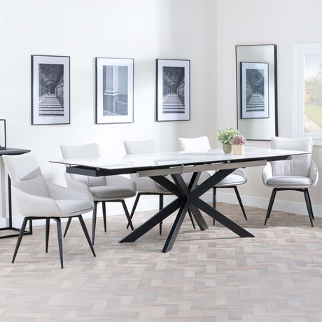 Sutton White Ceramic Extending Dining Set - Ace Beige Fabric Swivel Dining Chair-3
