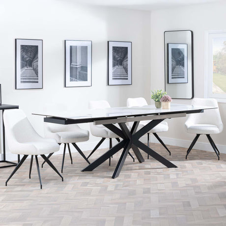 Sutton White Ceramic Extending Dining Set - Arctic Cream Velvet Fabric Swivel Dining Chair-4