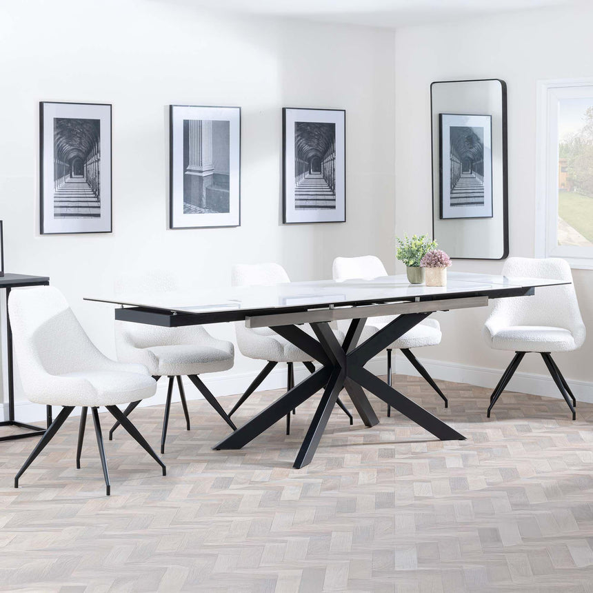 Sutton White Ceramic Extending Dining Set - Arctic Cream Velvet Fabric Swivel Dining Chair-4