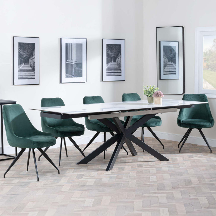 Sutton White Ceramic Extending Dining Set - Arctic Green Velvet Fabric Swivel Dining Chair-2