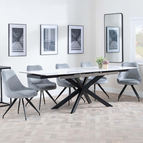 Sutton White Ceramic Extending Dining Set - Arctic Grey Velvet Fabric Swivel Dining Chair-3