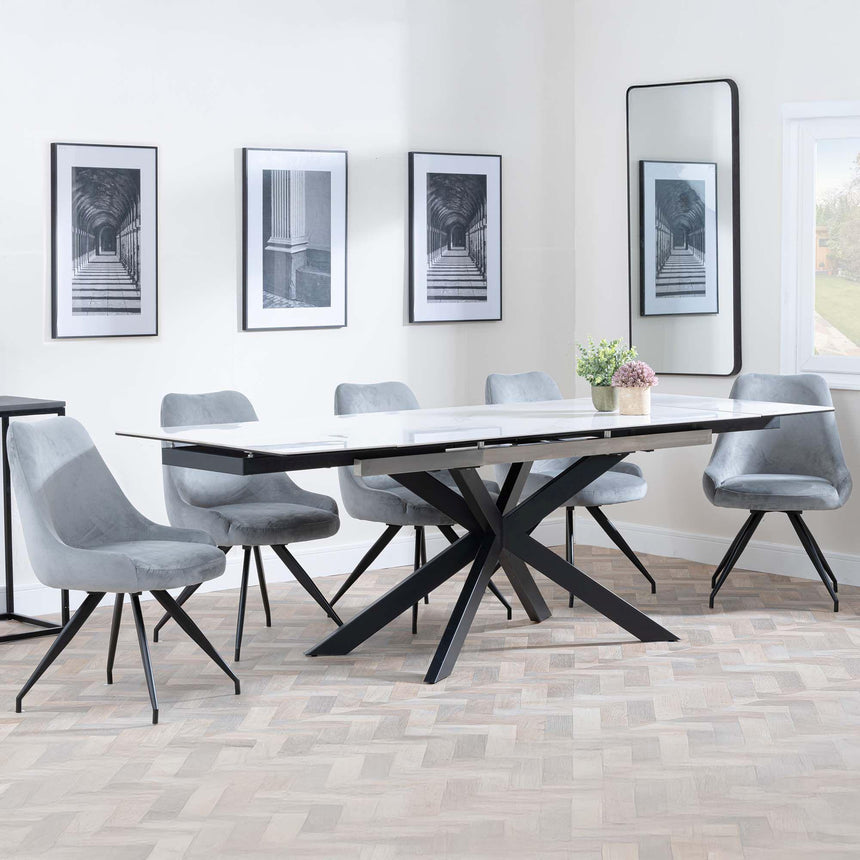 Sutton White Ceramic Extending Dining Set - Arctic Grey Velvet Fabric Swivel Dining Chair-3