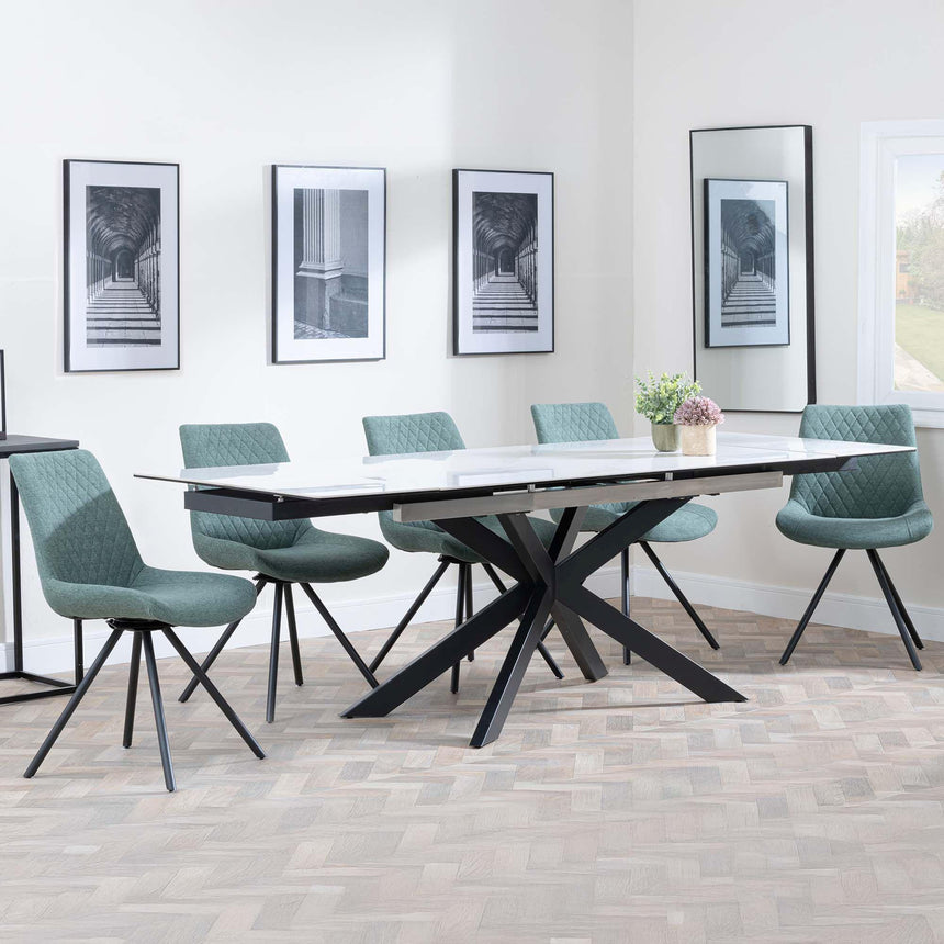 Sutton White Ceramic Extending Dining Set - Boden Green Fabric Swivel Dining Chair-5
