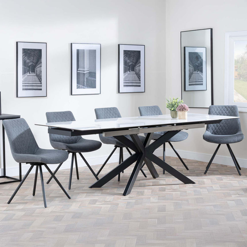 Sutton White Ceramic Extending Dining Set - Boden Grey Fabric Swivel Dining Chair-6
