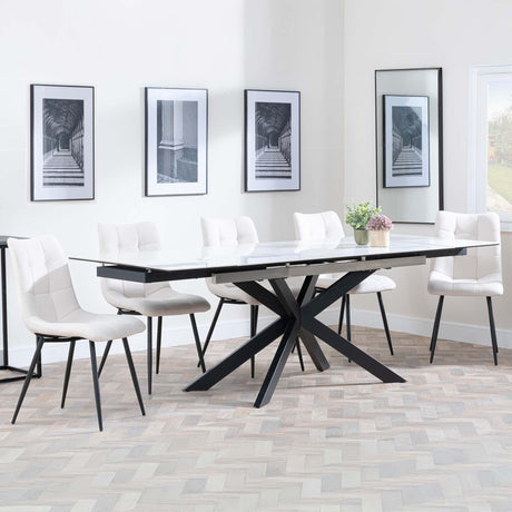 Sutton White Ceramic Extending Dining Set - Corona Beige Fabric Dining Chair-4