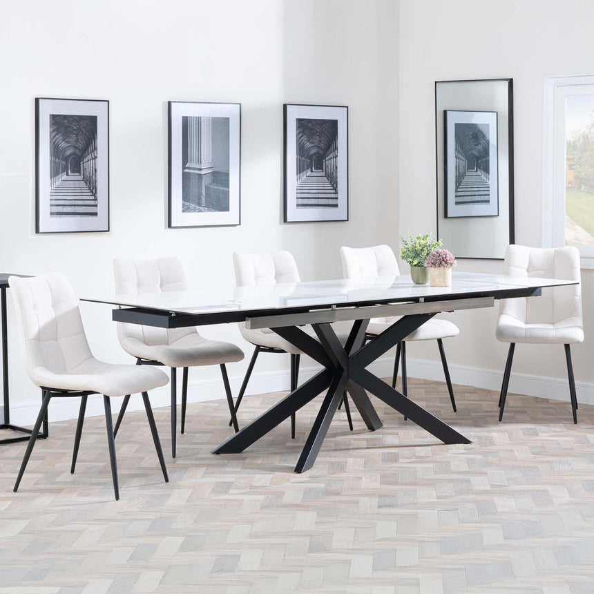 Sutton White Ceramic Extending Dining Set - Corona Beige Fabric Dining Chair-4
