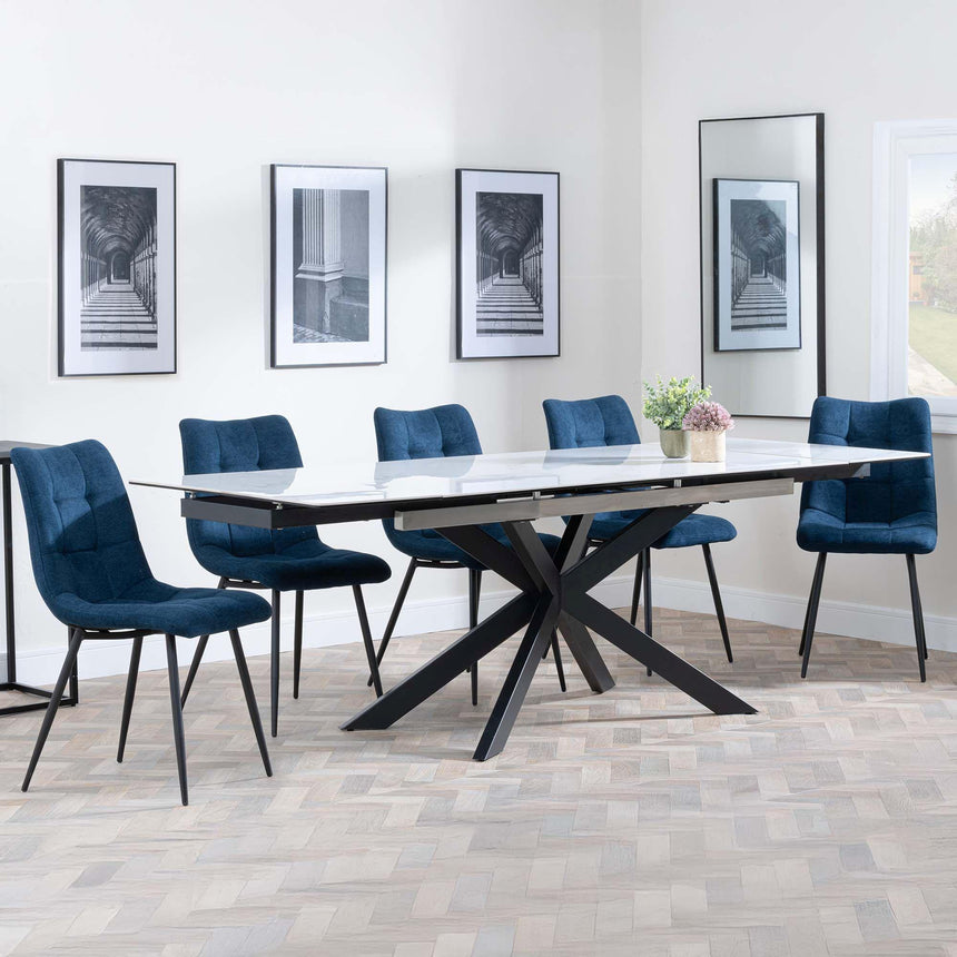 Sutton White Ceramic Extending Dining Set - Corona Blue Fabric Dining Chair-6