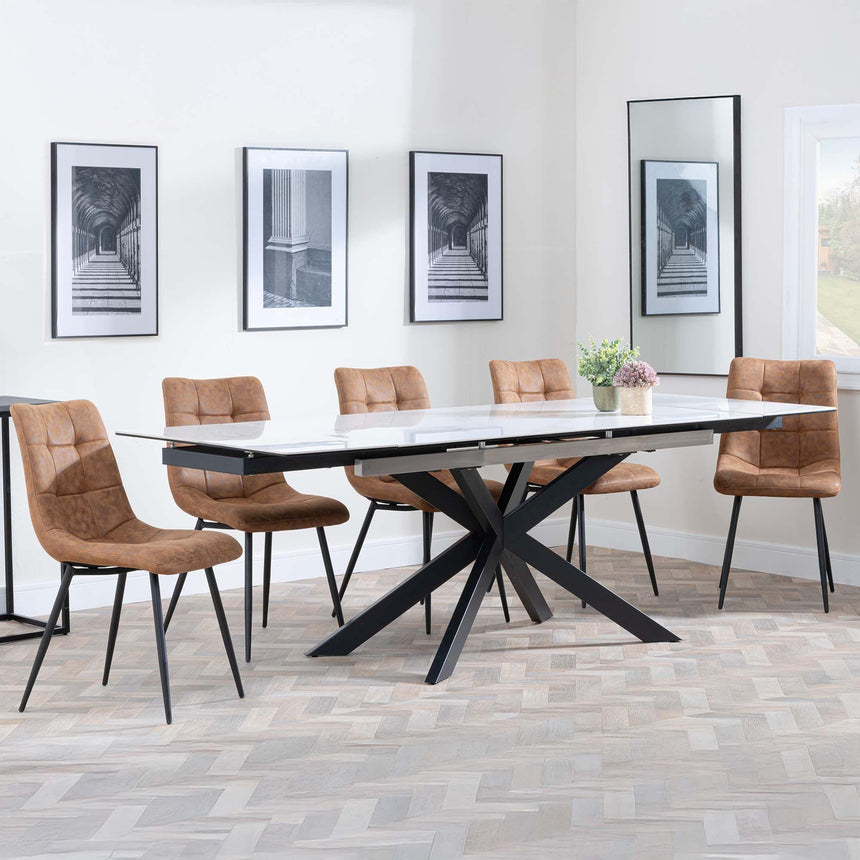 Sutton White Ceramic Extending Dining Set - Corona Brown Fabric Dining Chair-8