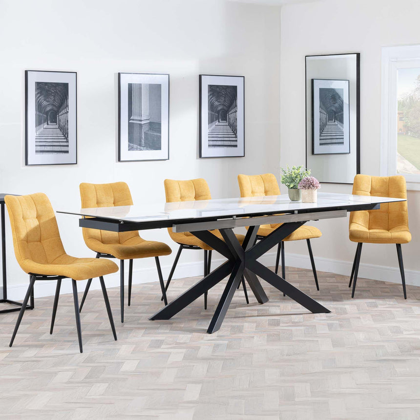 Sutton White Ceramic Extending Dining Set - Corona Yellow Fabric Dining Chair-2