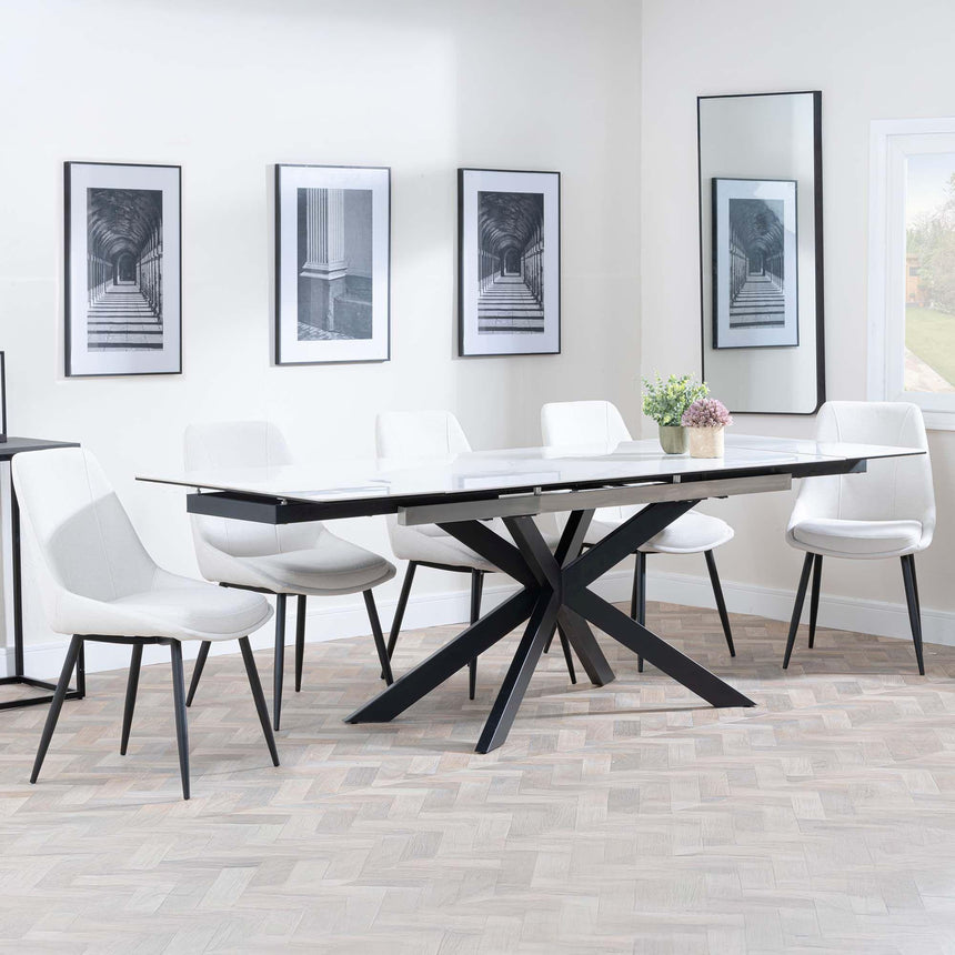 Sutton White Ceramic Extending Dining Set - Darwin Cream Fabric Dining Chair-2