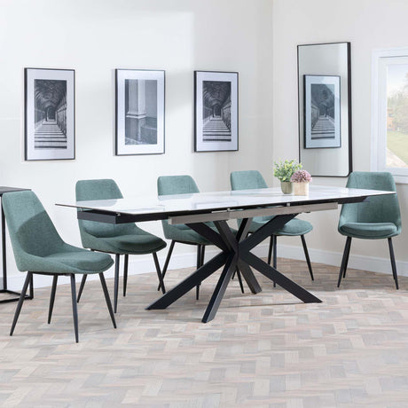 Sutton White Ceramic Extending Dining Set - Darwin Green Fabric Dining Chair-5
