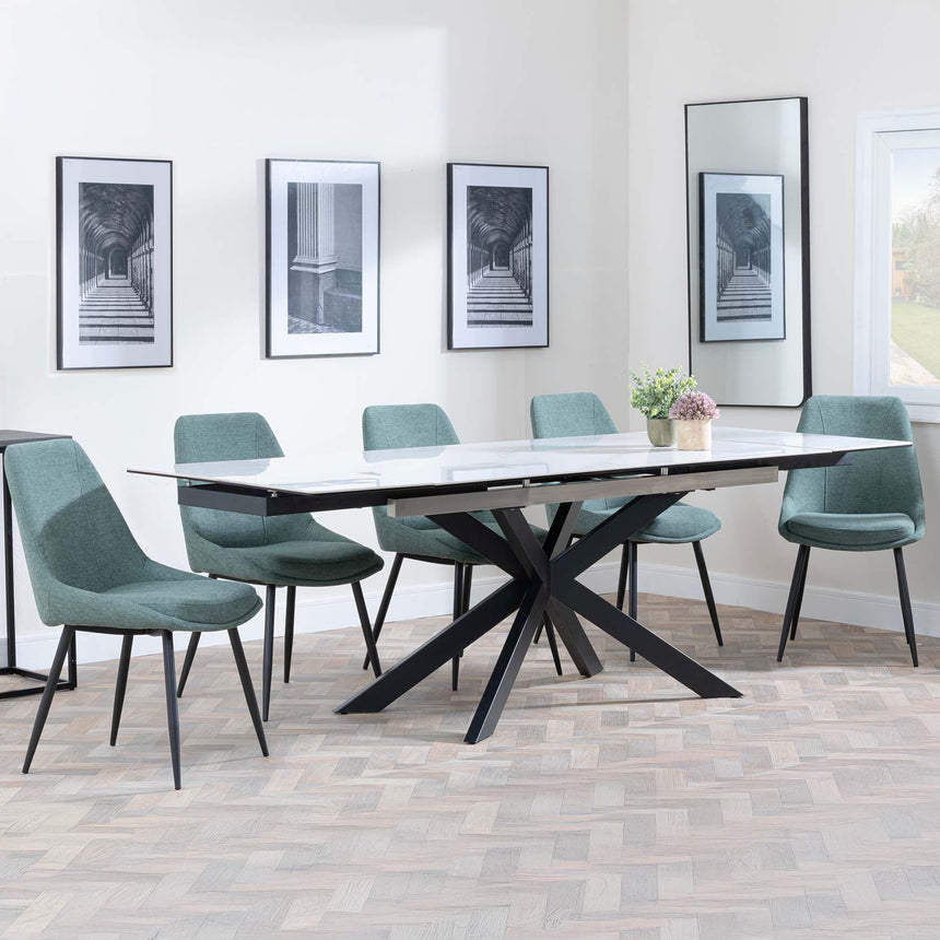 Sutton White Ceramic Extending Dining Set - Darwin Green Fabric Dining Chair-5