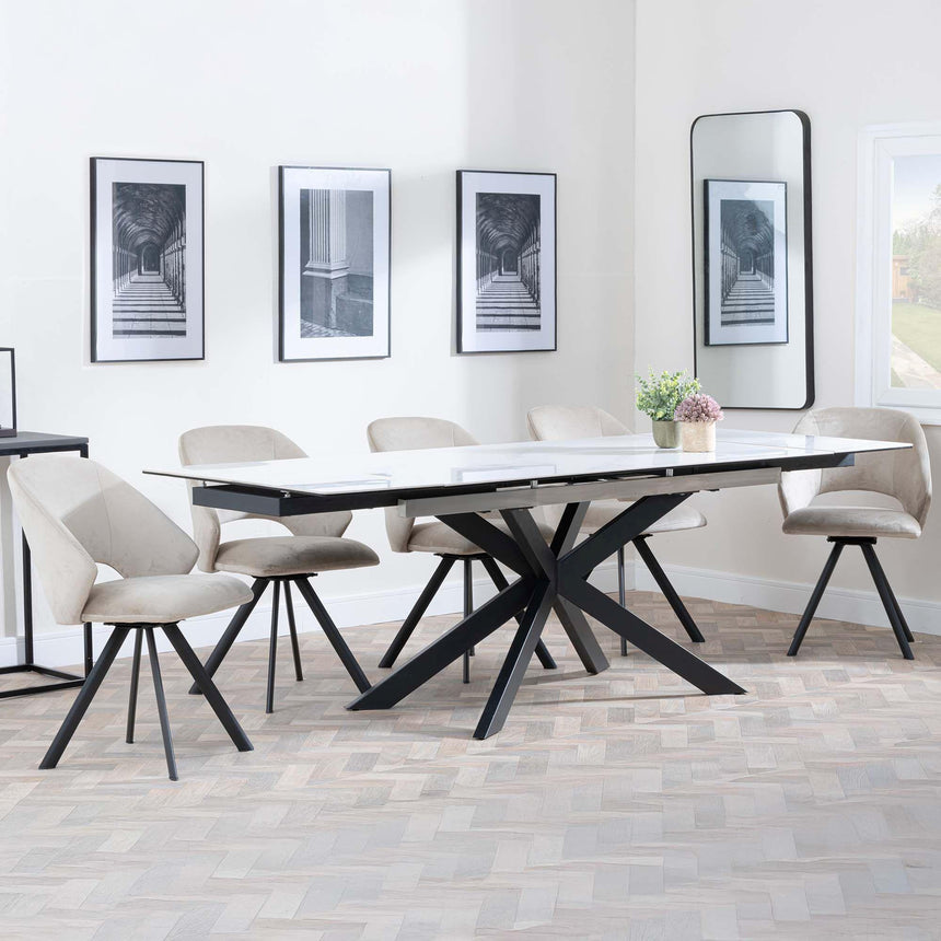 Sutton White Ceramic Extending Dining Set - Ion Beige Velvet Fabric Swivel Dining Chair-3