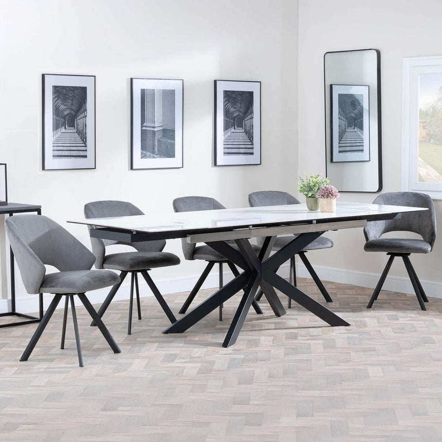 Sutton White Ceramic Extending Dining Set - Ion Dark Grey Velvet Fabric Swivel Dining Chair-4