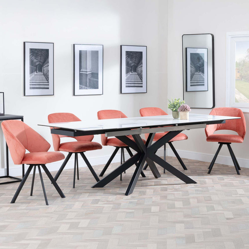 Sutton White Ceramic Extending Dining Set - Ion Orange Velvet Fabric Swivel Dining Chair-2