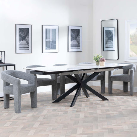 Sutton White Ceramic Extending Dining Set - Kiefer Grey Boucle Fabric Dining Chair-2