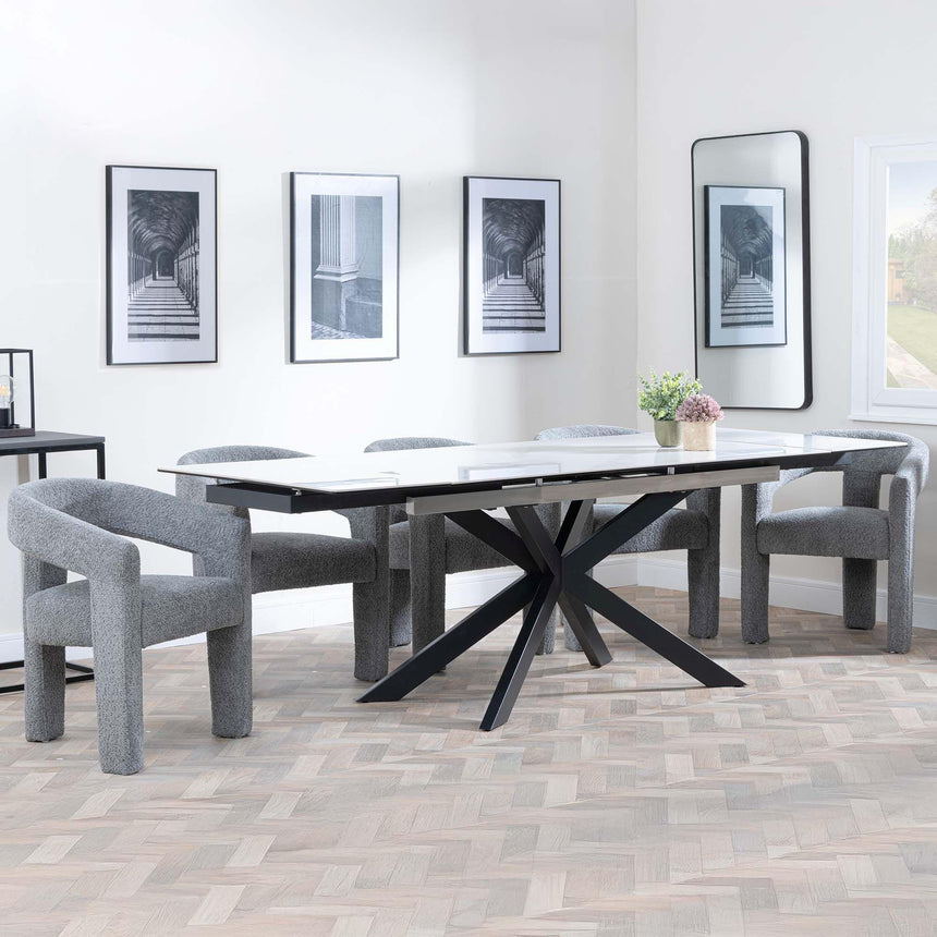 Sutton White Ceramic Extending Dining Set - Kiefer Grey Boucle Fabric Dining Chair-2