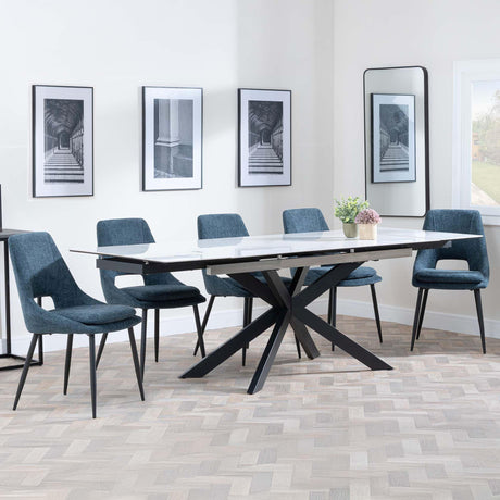 Sutton White Ceramic Extending Dining Set - Peyton Blue Fabric Dining Chair-3