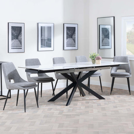 Sutton White Ceramic Extending Dining Set - Peyton Grey Fabric Dining Chair-2
