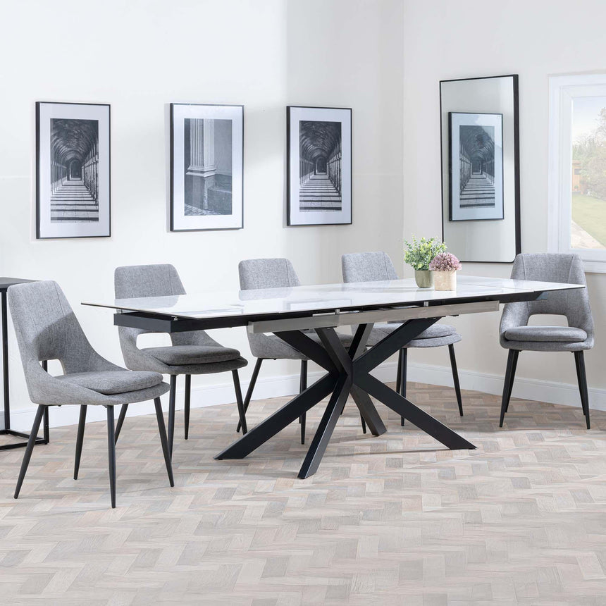 Sutton White Ceramic Extending Dining Set - Peyton Grey Fabric Dining Chair-2