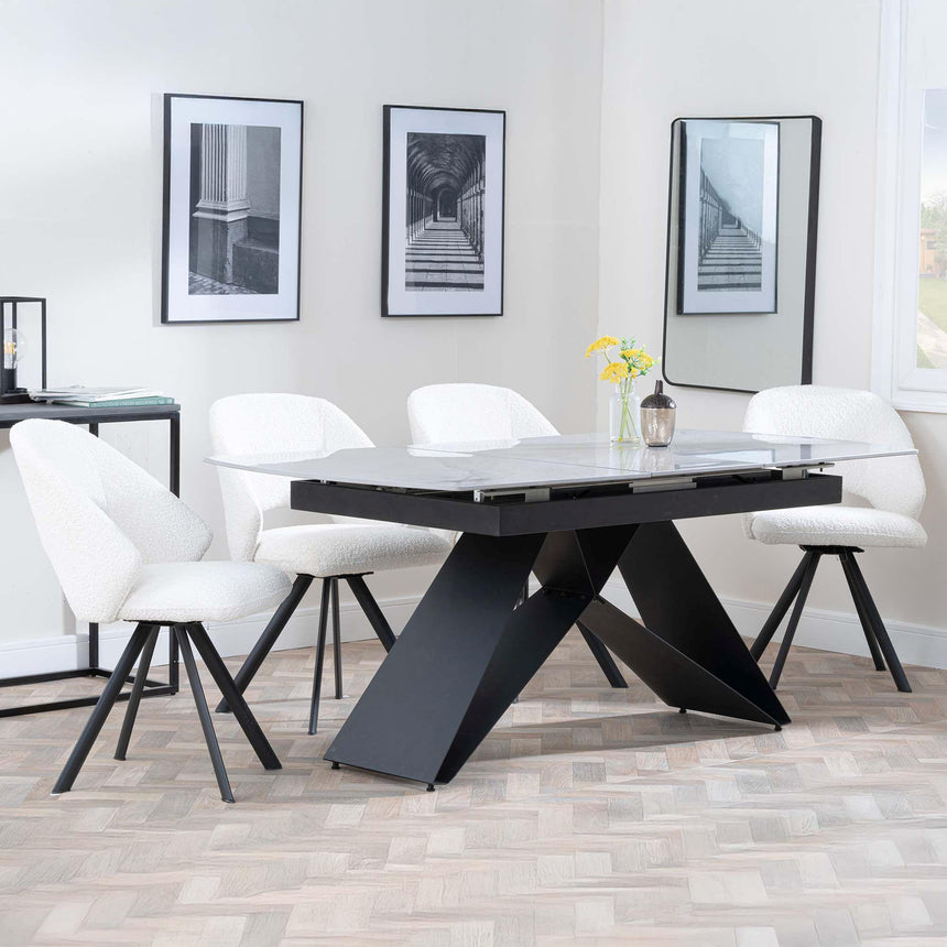 Westin Grey Ceramic Extending Dining Set - Ion Cream Boucle Teddy Fabric Swivel Dining Chair-5