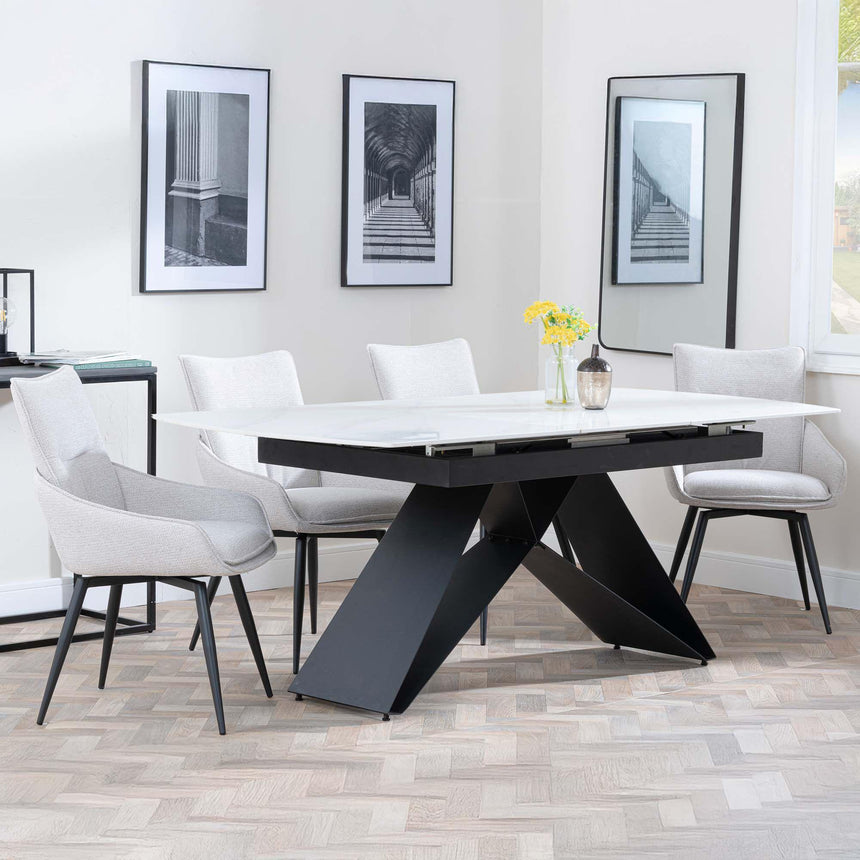 Westin White Ceramic Extending Dining Set - Ace Beige Fabric Swivel Dining Chair-3
