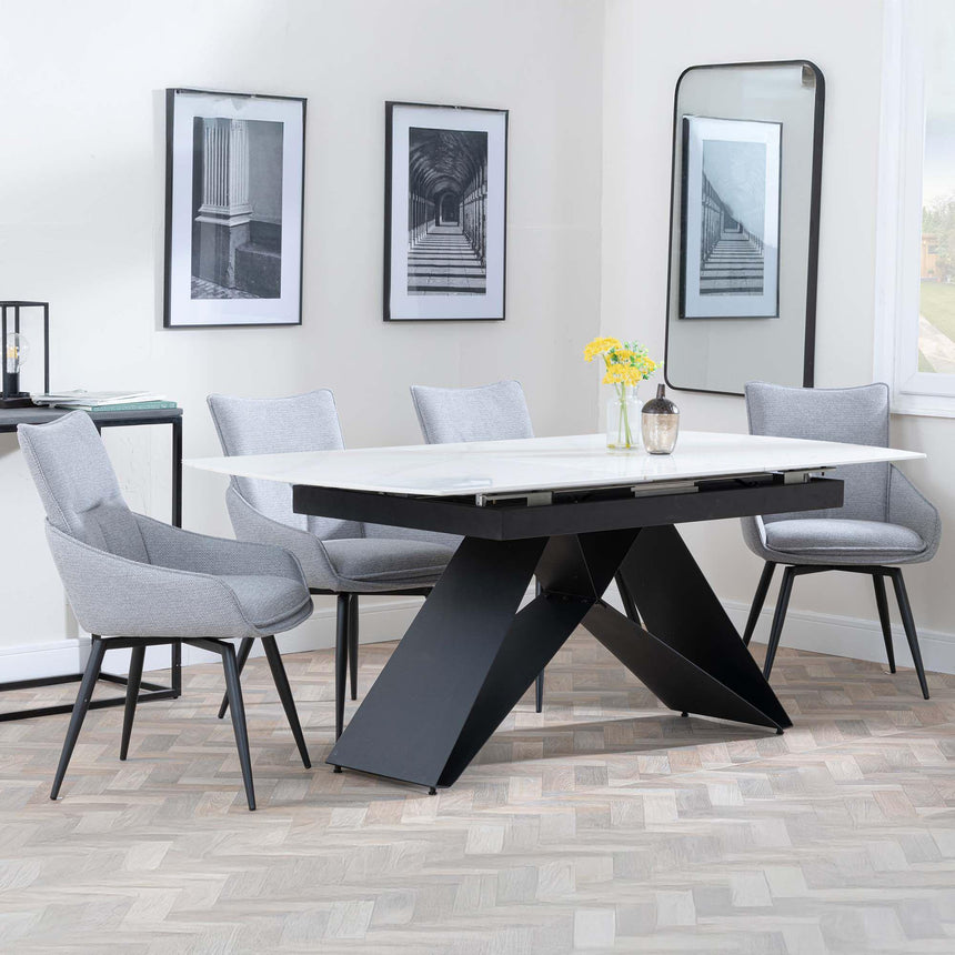 Westin White Ceramic Extending Dining Set - Ace Grey Fabric Swivel Dining Chair-2