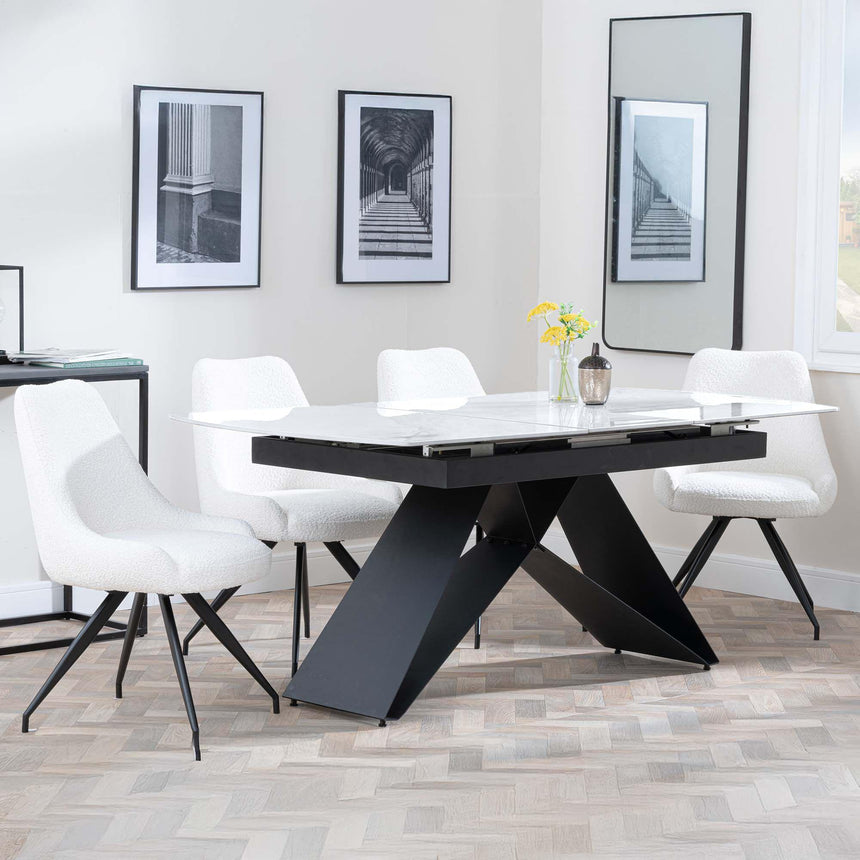 Westin White Ceramic Extending Dining Set - Arctic Cream Velvet Fabric Swivel Dining Chair-4