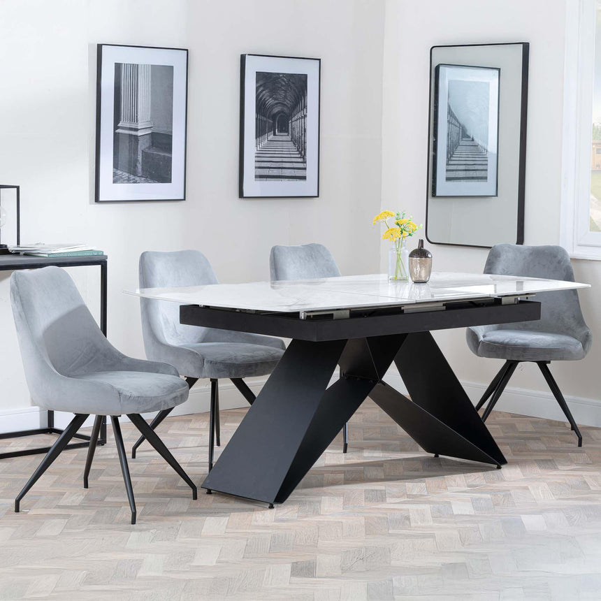 Westin White Ceramic Extending Dining Set - Arctic Grey Velvet Fabric Swivel Dining Chair-3