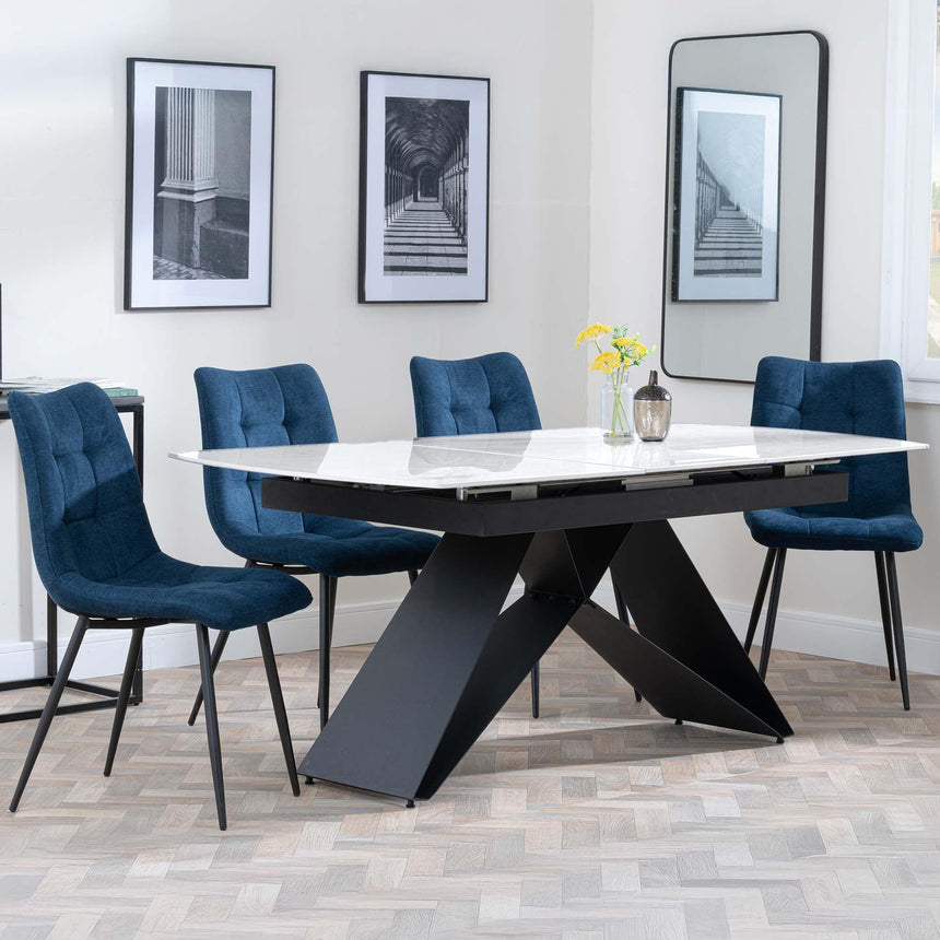 Westin White Ceramic Extending Dining Set - Corona Blue Fabric Dining Chair-6