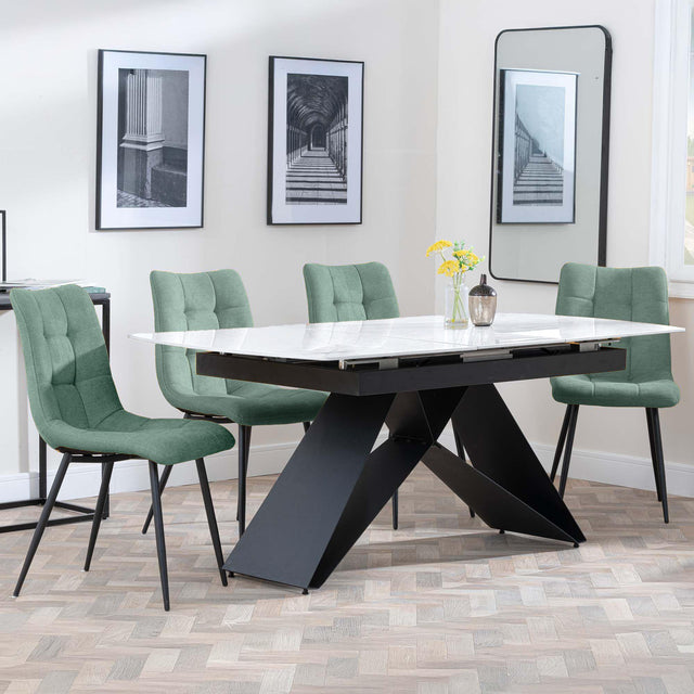 Westin White Ceramic Extending Dining Set - Corona Green Fabric Dining Chair