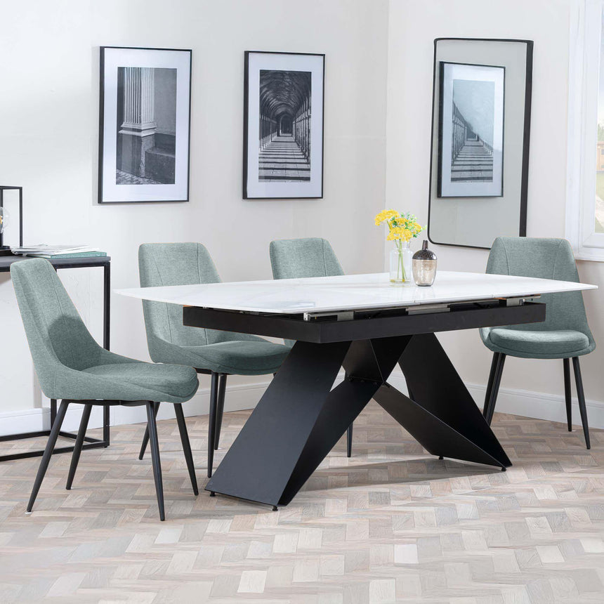 Westin White Ceramic Extending Dining Set - Darwin Green Fabric Dining Chair-5