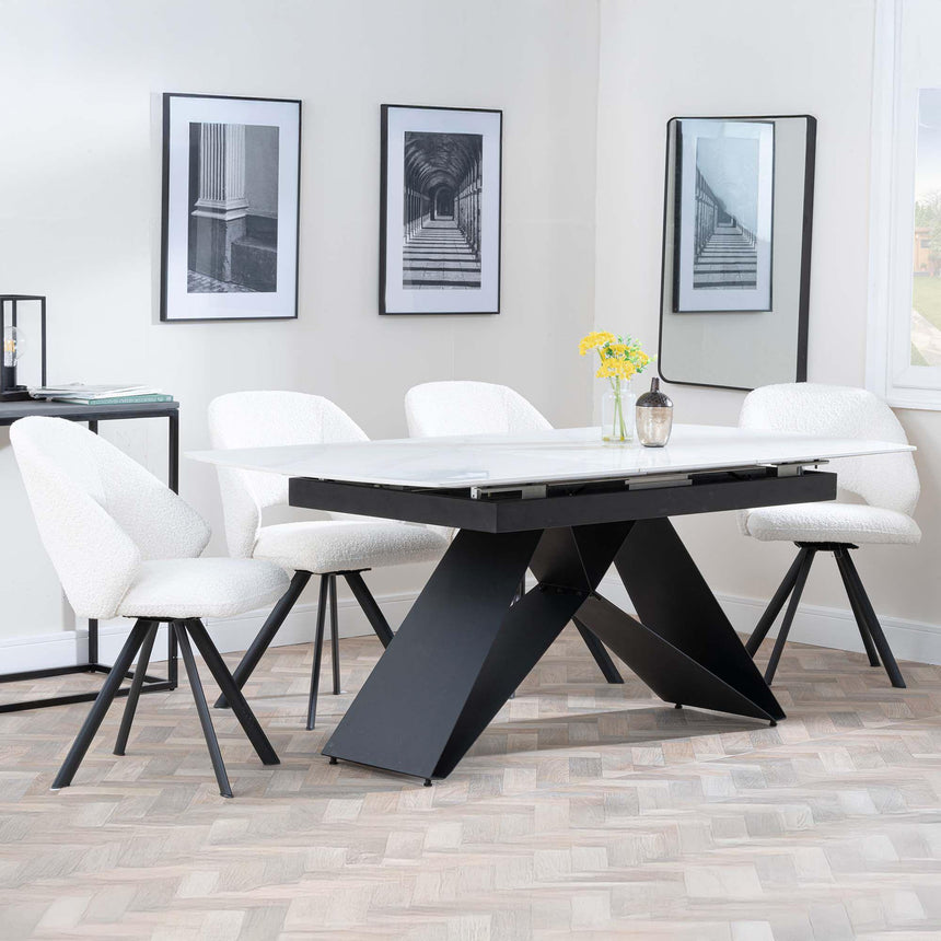 Westin White Ceramic Extending Dining Set - Ion Cream Boucle Teddy Fabric Swivel Dining Chair-5