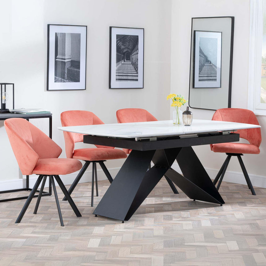Westin White Ceramic Extending Dining Set - Ion Orange Velvet Fabric Swivel Dining Chair-2