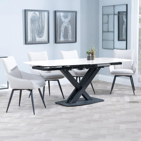 Arctic White Ceramic Swivel Top Extending Dining Set - Ace Beige Fabric Swivel Dining Chair-3