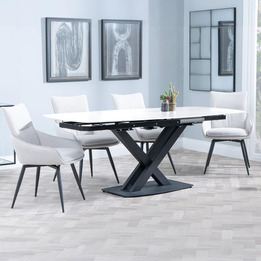 Arctic White Ceramic Swivel Top Extending Dining Set - Ace Beige Fabric Swivel Dining Chair-3
