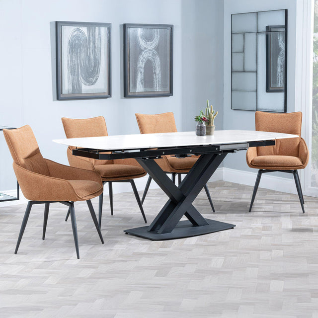 Arctic White Ceramic Swivel Top Extending Dining Set - Ace Orange Fabric Swivel Dining Chair